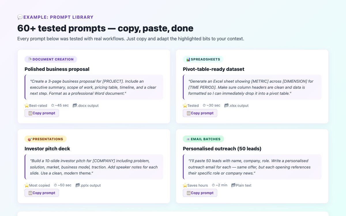 Tested Claude Cowork prompts library covering documents, spreadsheets, presentations and email